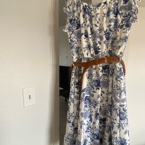 Liberty Love Blue Floral Midi Dress with Tan Belt